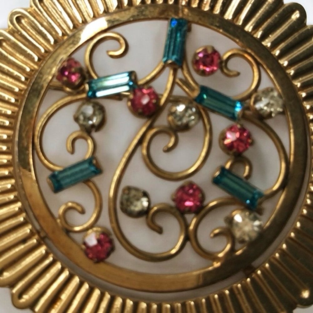 Vtg REGEL 1/20 12K Gold-Filled Filigree Brooch - Multicolor Rhinestones - Rare - Picture 6 of 11